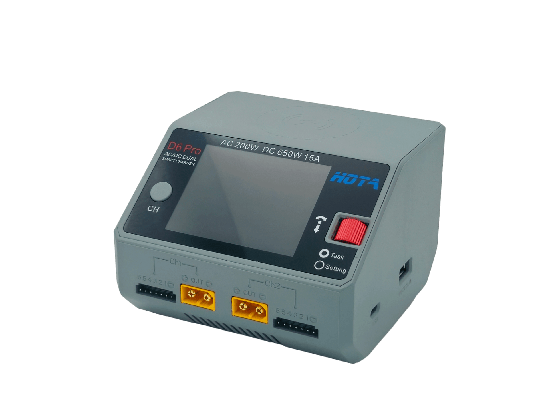 Compact black HOTA D6 Pro 650W dual channel AC/DC smart charger with display and orange connection ports.